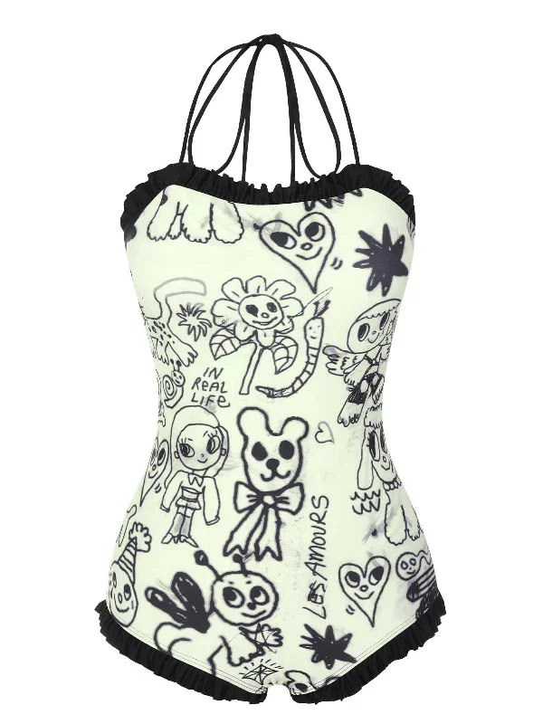 [Pre-Sale] 1960s Halter Printed Ruffles One-Piece Swimsuit