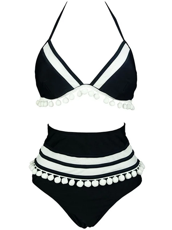 1970s Halter Patchwork Pom Pom Swimsuit