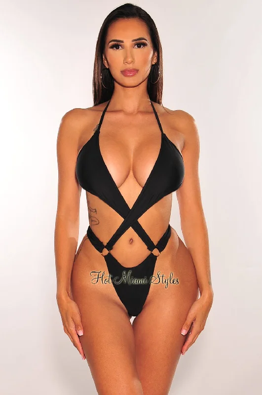 Black Halter Criss Cross O-Ring Cut Out Thong Swimsuit