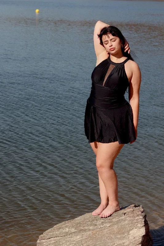 Black Mesh One-Piece Swim Dress