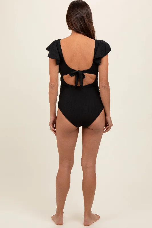 black-ribbed-ruched-cutout-flutter-one-piece-maternity-swimsuit