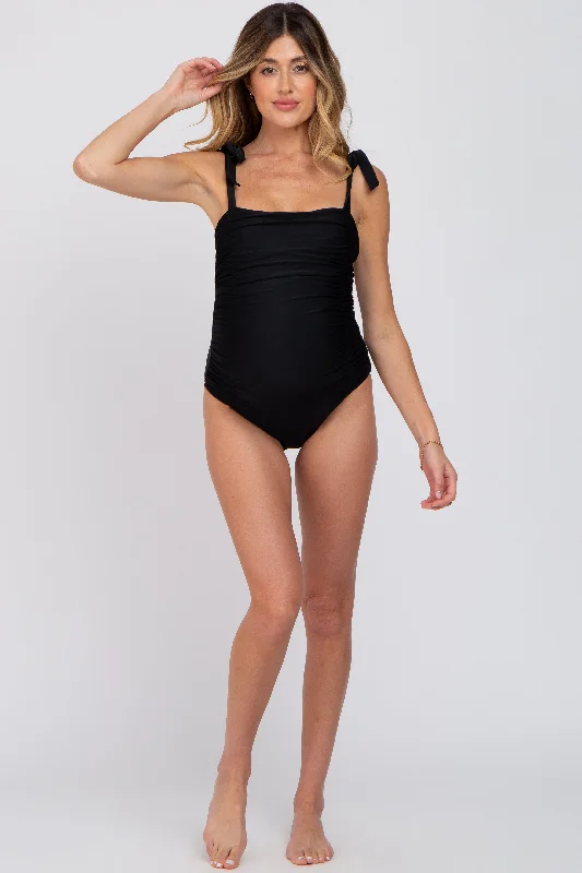 black-shoulder-tie-maternity-one-piece-swimsuit