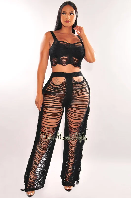 Black Sleeveless Ladder Cut Fringe Pants Two Piece Set