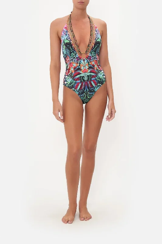 Camilla - Ring Detail Plunge V One Piece - In a Flutter