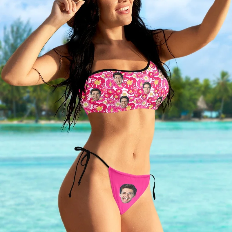 custom-face-pink-flowers-bikini-set-personalized-womens-off-shoulder-string-swimsuit