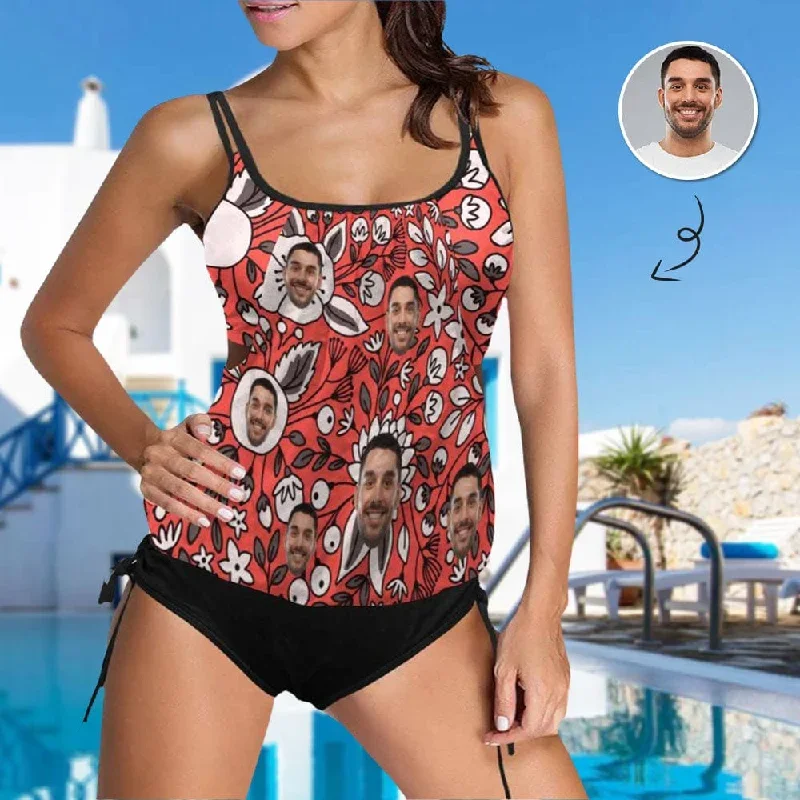 Custom Face Red Fun Pattern Swimsuit Personalized Womens Tankini Top Sets Bikini Two Piece Bathing Suit