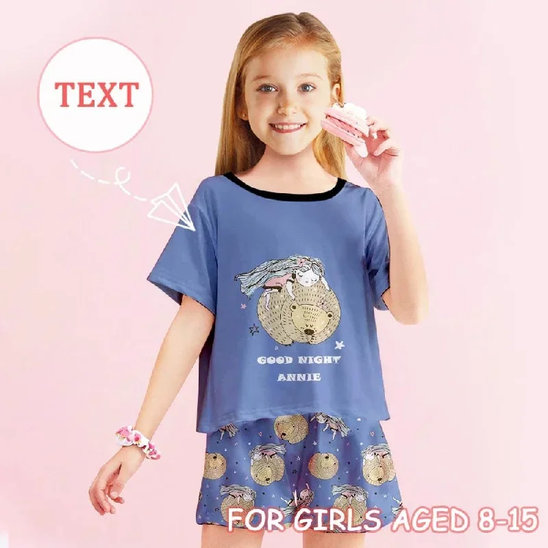 Big Kids Pajamas Custom Text Good Night Bear Sleepwear Personalized Kids' Short Pajama Set For Girls 8-15Y