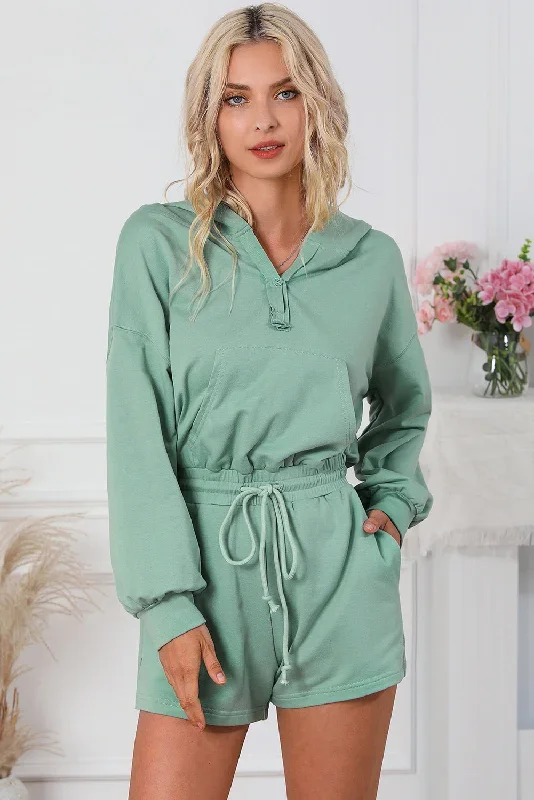 Drawstring Waist Hooded Romper with Pockets