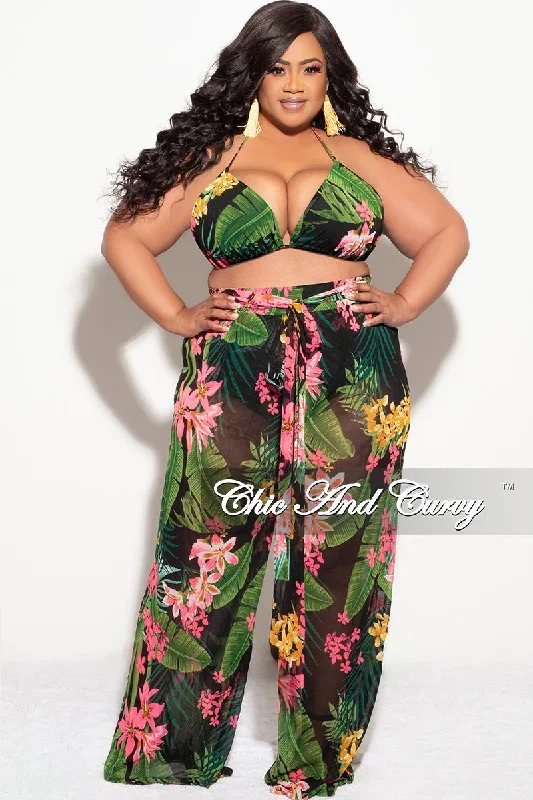 Final Sale Plus Size 3pc Poolside Playsuit (Bikini Top, High Waist Bottoms & Pants) Set in Black & Pink Floral Print Queen