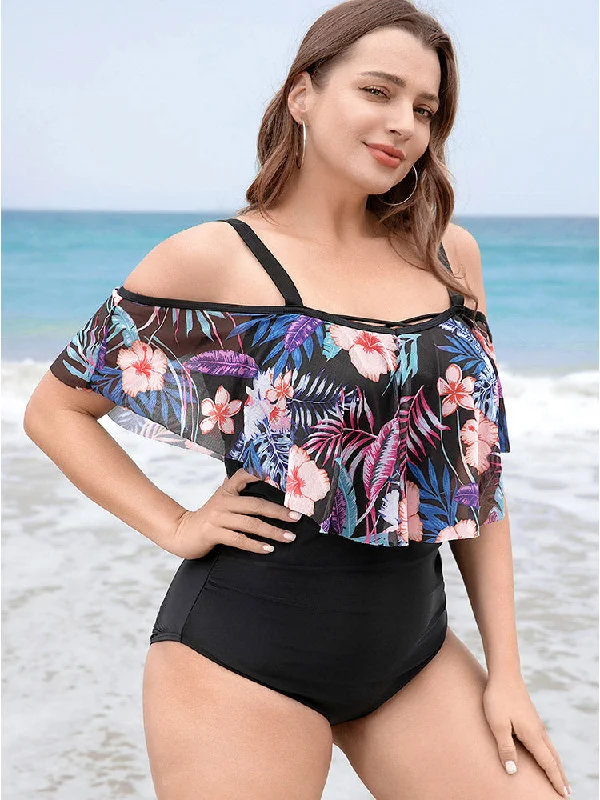 Floral Patchwork Asymmetrical Ruffle Trim Crisscross One Piece Swimsuit