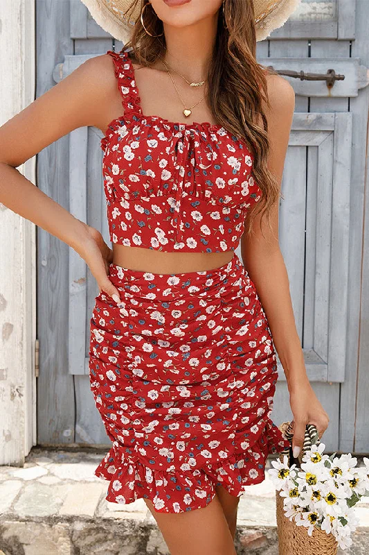 Floral Print Smocked Back Two Pieces Set