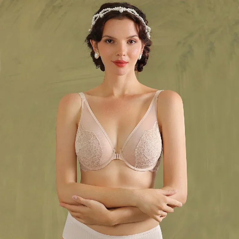 Front Closure Lace Plunge Sexy See-through Minimizer Underwire Nude Bra