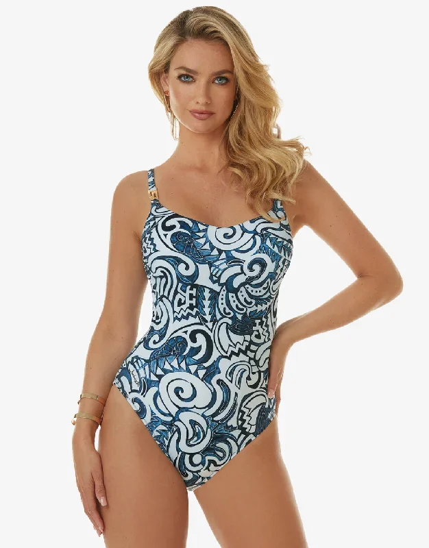 Graffiti Square Neck Swimsuit - Blue and White