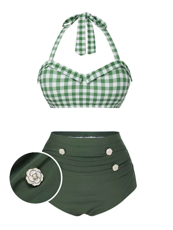 Green Gray 1940s Halter Plaids Swimsuit