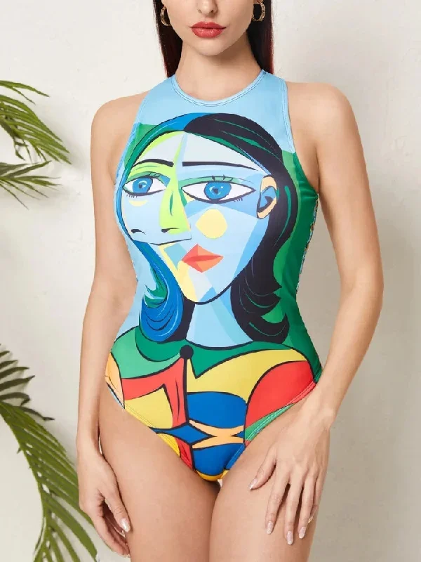 Green Portrait Abstract Print Sleeveless Swimsuit