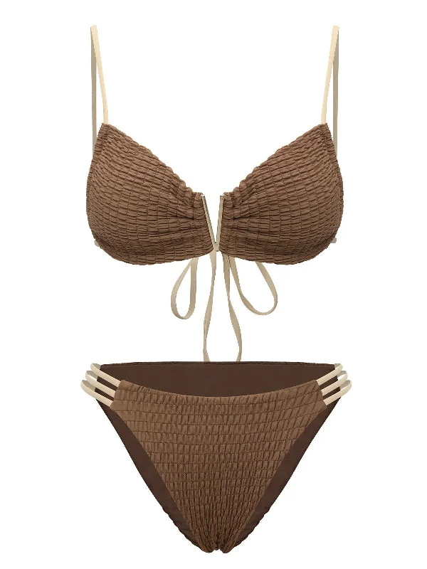 Khaki 1950s Spaghetti Straps Solid Bikini Set