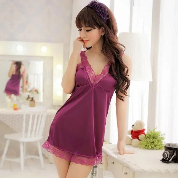 Lace Dress + G-string V-neck Women's Lingerie Purple