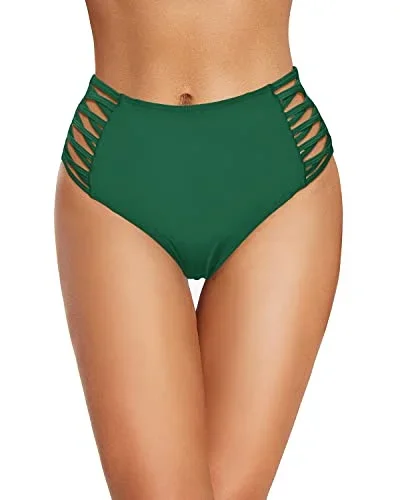 Lace Up Strappy Retro High Waisted Bikini Bottoms-Emerald Green