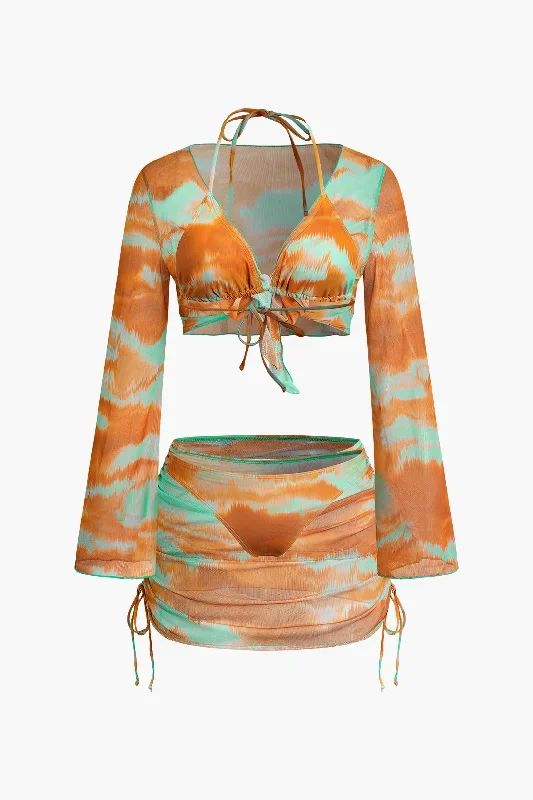 Tie Dye Mesh Long Sleeve Bikini Sarong Set