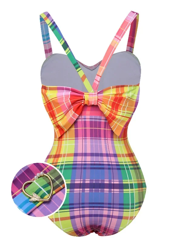 [Pre-Sale] Multicolor 1970s Rainbow Plaid Bow Swimsuit