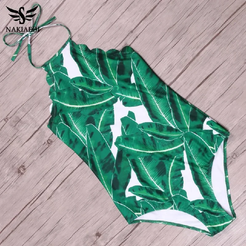 One Piece  Green Leaf Backless Scalloped Trim Beach Bathing Suits