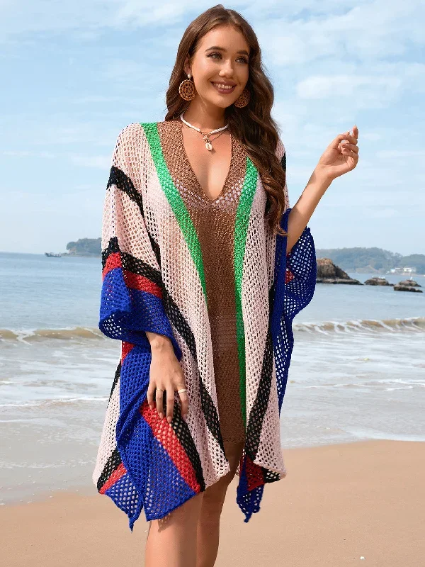 Sunset Vacation  Openwork Color Block Plunge Cover-Up