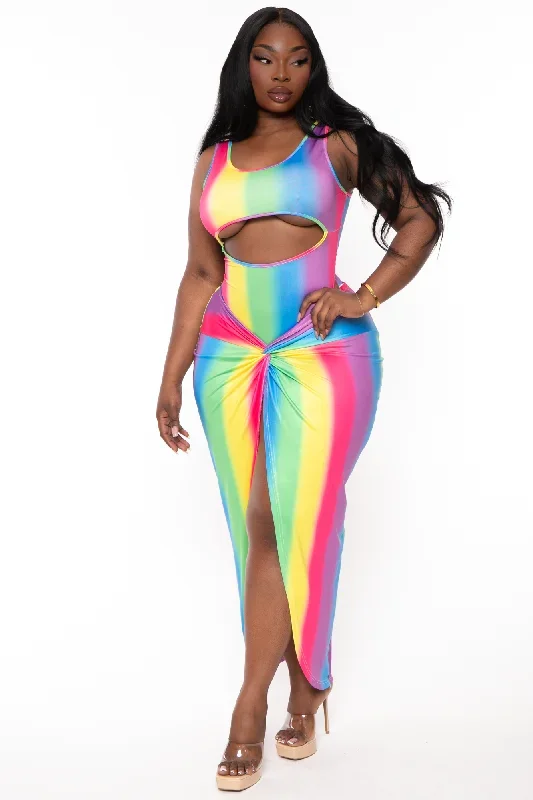 Plus Size  Rainbow Cut-Out Tankini 2pc Swim Set  - Multi