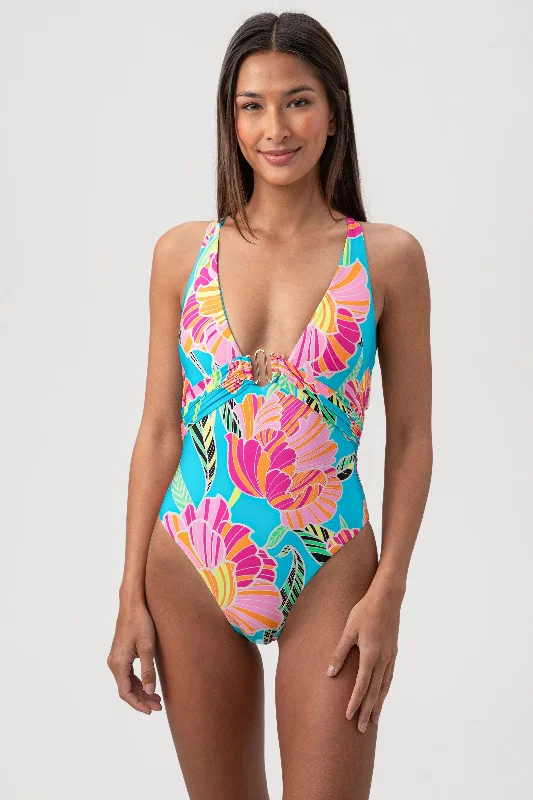 WOMEN'S POPPY BELTED PLUNGE ONE PIECE SWIMSUIT