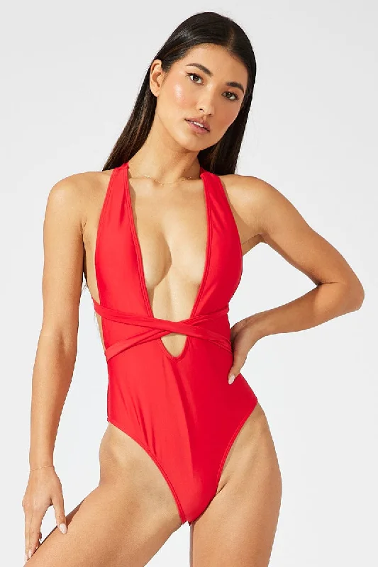 Red Animal Print Wrap Around One Piece Swimsuit