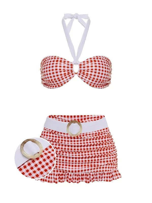 Retro Red 1940s Plaid Halter Bikini Set