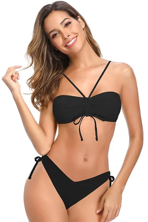 Women Bandeau Bikini Drawstring Tie Knot Two Piece Swimsuit