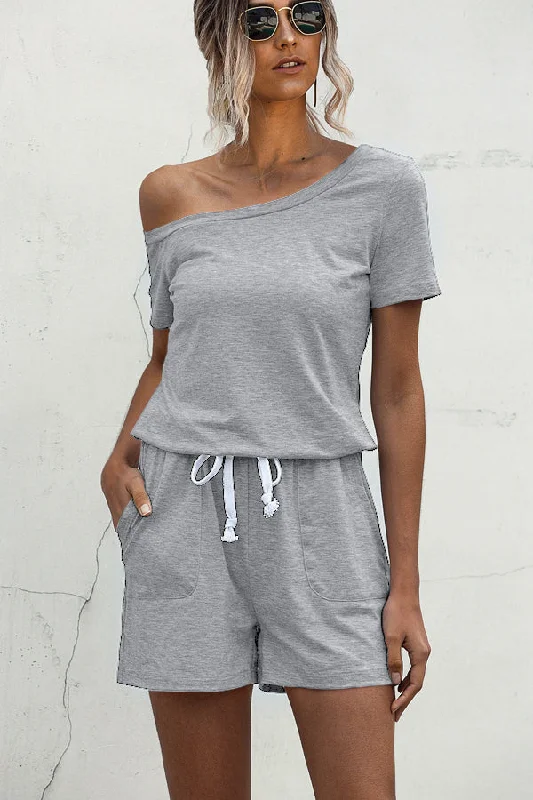 Skew Neck Drawstring Waist Casual Rompers