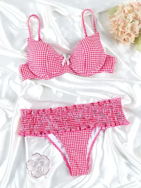 Sweetheart Ruffle Plaid Bow Bikini