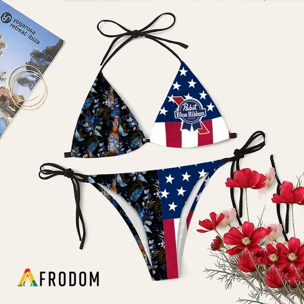 Tropical American Flag Pabst Blue Ribbon Bikini Set Swimsuit Beach PBR Bikini