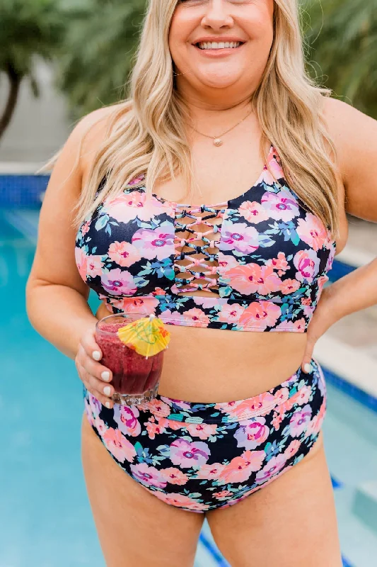 Tropical Breeze Floral Braided Swim Top- Black, Peach & Purple