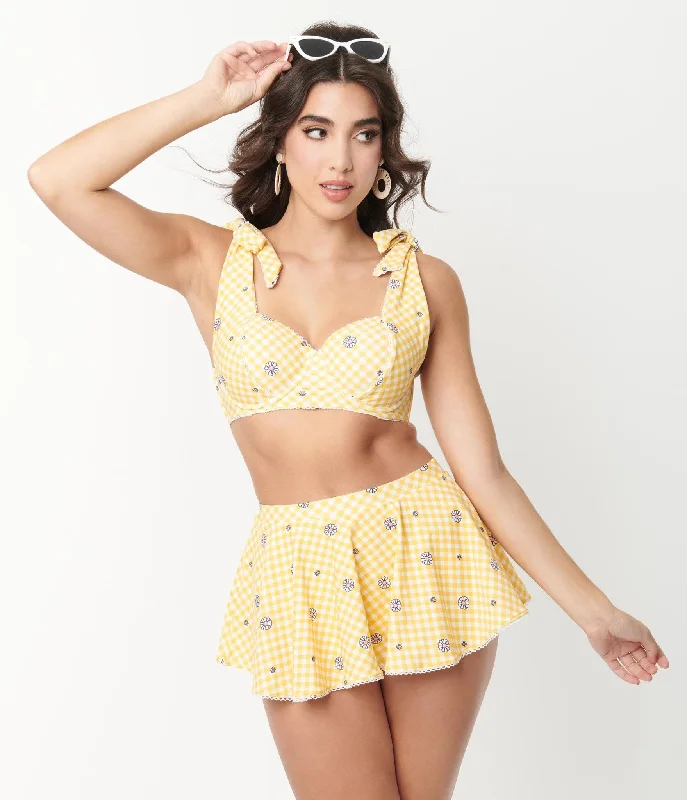 Unique Vintage Yellow Gingham & White Daisy Print Totally Tied Up Swim Top