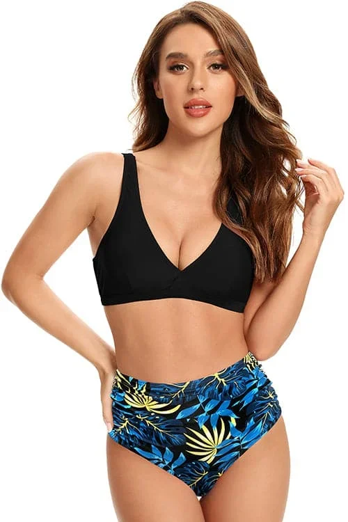 V Neck Ruched High Waisted Bikini