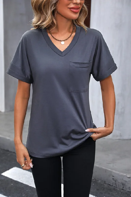 v-neck-short-sleeve-solid-casual-tops