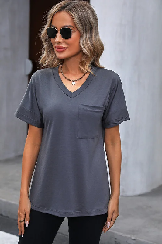 v-neck-short-sleeve-solid-casual-tops