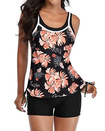 Women's Two Piece Tankini Swimsuits Shorts Athletic Bathing Suits-Black Orange Floral