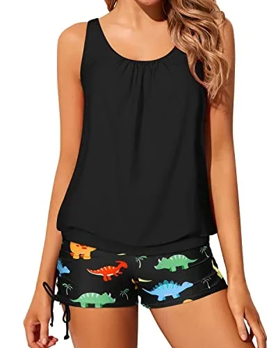 Loose Fit Blouson Tankini Swimsuits Boyshorts For Women-Black Dinosaur