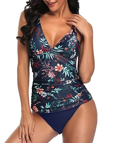 Womens Slimming Figure Flattering Two Piece Tankini-Blue Colorul Flowers