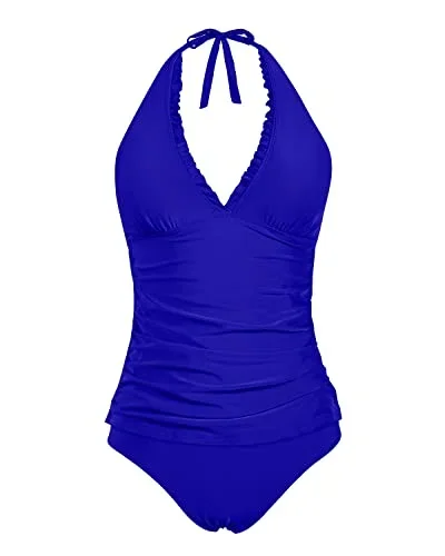 Ruffle V Neck Tankini Top With Bikini Bottoms Tankini Swimsuits-Royal Blue