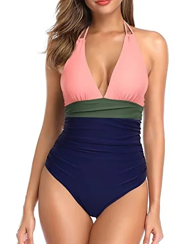 One Piece Sexy Plunge V Neck Swimsuit Tummy Control Halter Bathing Suit-Pink Green Blue