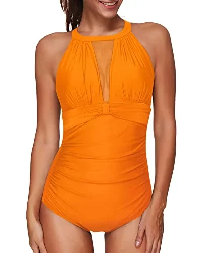 Sheer Halter High Neck Mesh One Piece Swimwear-Orange