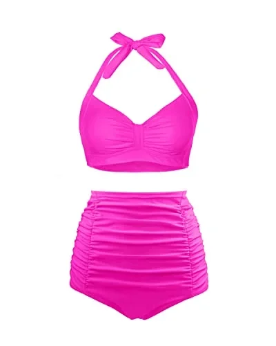 Vintage Women's High Waisted Bikini Set Two Piece Tummy Control Swimsuit-Neon Pink