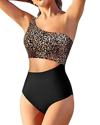 Women's Removable Padded Bra Swimsuit Cutout Swimwear Monokini-Black And Leopard