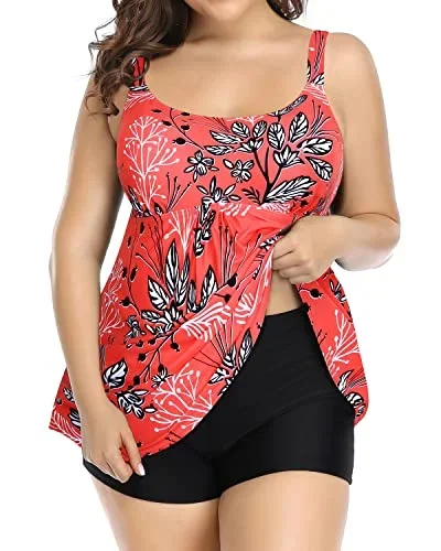 Plus Size Tankini Swimsuits With Boy Shorts For Women-Red Floral