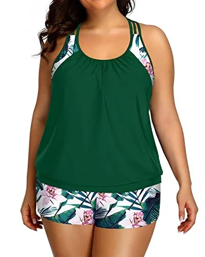 Racerback Tankini Swimsuit Two Piece Tummy Control Bathing Suit For Women-Green Tropical Floral