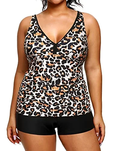 V Neck Plus Size Tankini Shorts Tummy Control Tankini Two Piece Bathing Suits-Black And Leopard